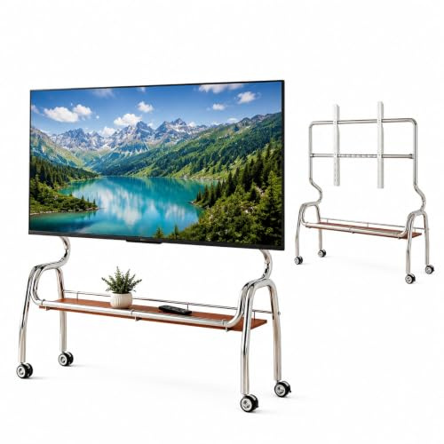 Portabel Mobil TV Vagn, Rullbart TV Stativ | Rostfritt Stål, Låsbara Hjul med Förvaringshylla för 32–75 Tums TV-apparater(Brown,90cm/35.4in)