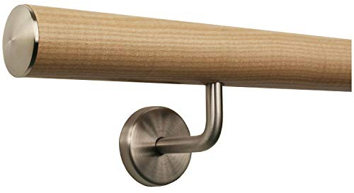 TIBU Esche Holz Handlauf Geländer 0,3m - 6m, Länge 240 cm, Ende leicht gewölbte Edelstahlkappe und 4 gerade Halter
