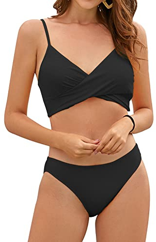 SHEKINI Damen Bikini-Set Crossover Design Bikini Gerippt Neckholder Oberteil Verstellbarer Schultergurt Badeanzüge Zweiteiliger Triangle Bikinihose Bademode