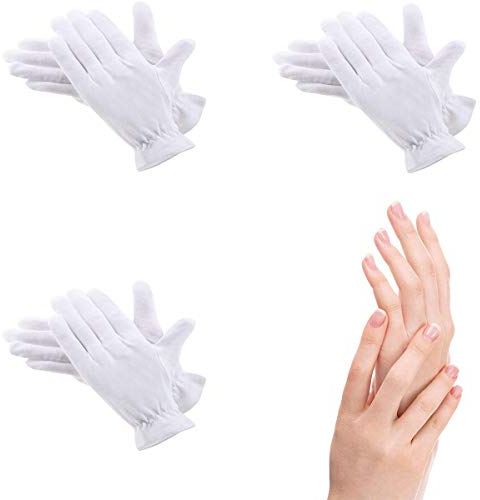 3 Pairs Moisturizing Gloves Over Night Bedtime White Cotton Cosmetic Inspection Premium Cloth Quality Eczema Dry Sensitive Irritated Skin Spa Therapy Secure Wristband One Size Fits Most (3 Pairs)