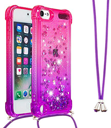 LEMAXELERS Halskette für iPod Touch 5 / iPod Touch 6, Glitzer, glitzernd, Flüssigkeit, transparent, Silikon, TPU, mit Kordel zum Umhängen, für iPod Touch 5, YB GS, Rosa, Violett