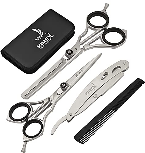 KIMEX LONDON Ensemble de ciseaux de coiffure pour coiffeur professionnel - Ciseaux de coupe en acier inoxydable - Ensemble complet de ciseaux + rasoir, peignes et housse en cuir