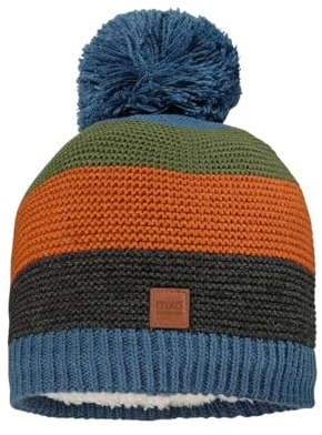 maximo Colour Block Kids Bommelmütze Mütze Strickmütze Wintermütze Kindermütze Kinder - Made in Germany mit Futter Winter Herbst-Winter - 49-51 cm blau