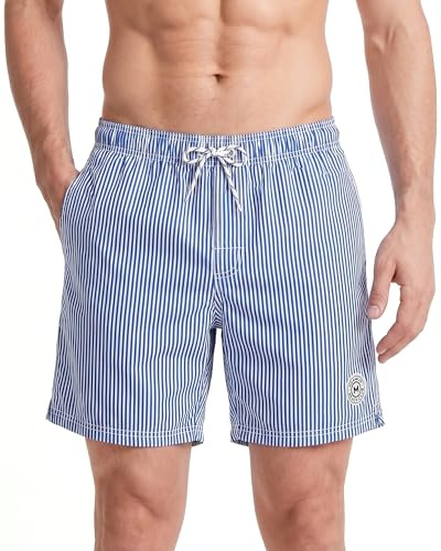 MaaMgic Bañador Hombre Shorts de Baño Shorts de Playa Traje de Baño para Natación Secado Rápido con Estampado para Vacaciones,Azules Rayas Verticales, S
