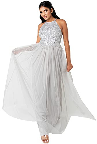 Abendkleid Pailletten Cocktailkleid Damen Tüllkleid Kleid Nackenband Abendkleid Elegant für Hochzeit Brautjungfernkleid