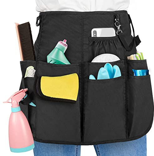LoDrid Tablier de nettoyage professionnel, imperméable, avec 9 poches et ceinture à boucle réglable, idéal pour le nettoyage à domicile et à l'hôtel, noir
