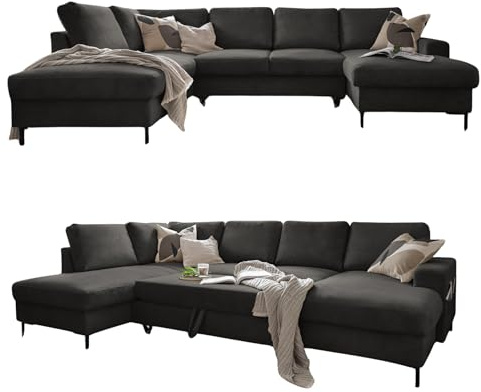 MIUFORM Lofty Lilly, 8 Sitzer Ecksofa mit Schlaffunktion, Links, Grau | Sofa mit Schlaffunktion, Schlafsofa mit Bettkasten, Wohnlandschaft U Form, 303x197x84cm, Couch mit Schlaffunktion, Sofa Bed