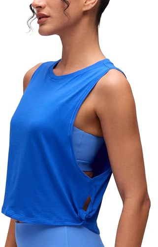 CRZ YOGA Pima Cotton Summer Gym Sleeveless Vest Tops for Women Light Elastic Running Crop Top Loose Crew Neck Yoga Shirt Strong Blue 10