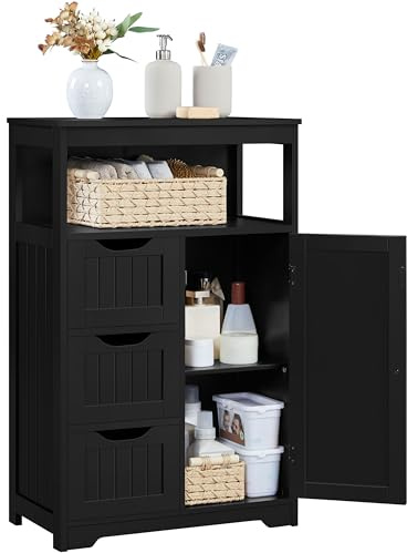 Yaheetech Bathroom Floor Cabinet, Free Standing Wooden Storage Cabinet Multiple Tiers Storage Organizer for Bathroom/Living Room/Entryway, Black