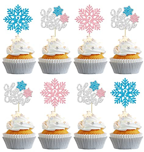 Gyufise 24Pcs Snowflake Gender Reveal Cupcake Topper with Pink Blue Bow He or She Snowflake Cake Toppers for Winter Wonderland Birthday Decorations Gender Reveal Party Supplies