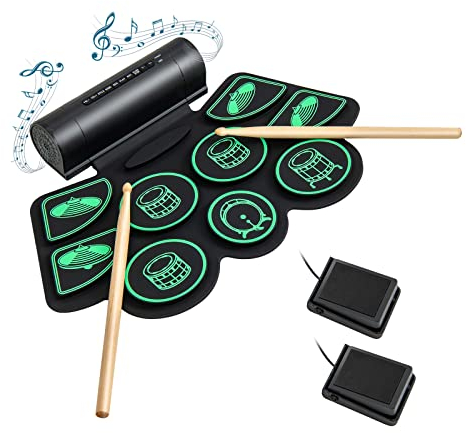 COSTWAY 9 Pads E-Drum, elektronisches Schlagzeug Set Roll-Up-Trommel inkl. 2 Pedale und 2 Drumsticks für Kinder und Anfänger