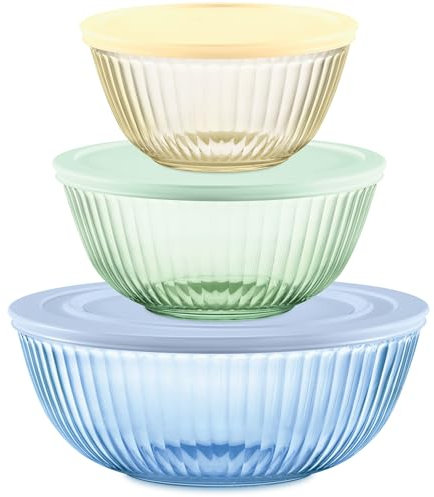 Pyrex Year of Color Sculpted (3-Pack| 1.3 QT, 2.3 QT, 4.5 QT) Tinted Glass Mixing Bowls Set with Lids for Prepping, Baking and Cooking, Preheated Oven, Dishwasher, Freezer, and Microwave Safe