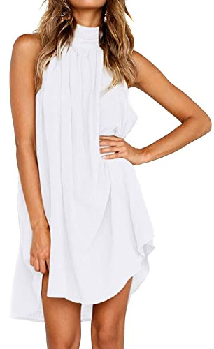 QKEPCY Vestido Elegante Mujer Vestido Sin Mangas Vestido Corta Casual Gasa Top Cuello Redondo Blusa Informal Casual Dress para Mujer (Blanco L)