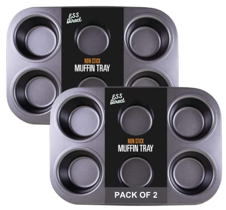 2 Pack Muffin Tins Cupcake Tray 6 Cup Set - Nonstick Cup Cake Tins - Premium Quality Teflon Coating - Muffin Cupcakes Pan, Brownies Tray Non Stick Muffin Tray Tin Yorkshire Pudding Pies Tin ESS Direct