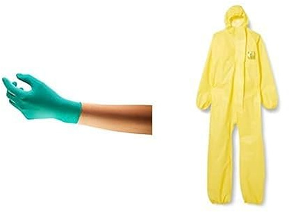 Ansell TouchNTuff 92-600 Guantes Desechables de Nitrilo, Sin Polvo, Verde, Talla M (100 Guantes) + AlphaTec 2300 Mono de Trabajo Desechable, Protección Quimica Tipo 3/4/5 Amarillo, Talla L (1 Unidad)