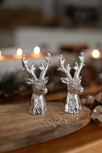 Marco Paul Stag Salt and Pepper Sets - Set of 2 Durable Ceramic stag Ornaments Home Silver Salt and Pepper Shaker for Table Decoration, Kitchen Accessories for Home, Dining Table,