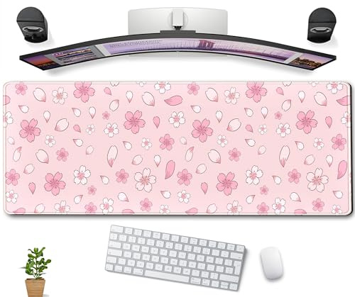 Mauspad mit Kirschblüten, Kawaii-Rosa, XL, groß, erweiterte Gaming-Schreibtischunterlage, niedlich, pastellfarben, Anime-Schreibtischmatte, ästhetisch, Laptop-Tastatur-Mauspad, für Frauen