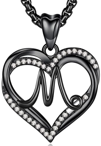 INFUSEU Namenskette, Doppelherz Schwarz N Buchstabe Schmuck Alphabet Anhänger Cubic Zirkonia CZ Romantische Geschenke für Frauen Freundin Mädchen
