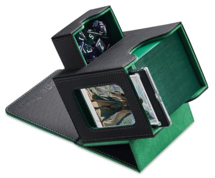 Mage Tech Card Deck Box for MTG Commander - Patented Design, Commander Display, Fits 100 Double-Sleeved Cards, 35pt Card Brick & Dice Tray - Black/Green