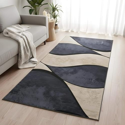 LIKE IT MORE Modern Teppich für Wohnzimmer, Schlafzimmer, Küche und Flur - Waschbarer Rutschfester Teppichläufer - Großer Teppich Läufer Beige Grau Blau Weiß 80x300 (Merkur Beige)