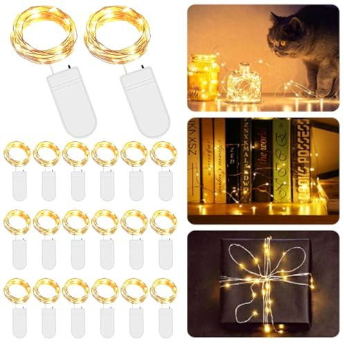 SPORWAY 20 Stück LED Lichterkette Batterie, 3M 30 LEDs Lichterkette Warmweiß String Fairy Light Lichterketten mit Knopfbatterie Mini Drahtlichterkette für Innen Außen DIY Deko (20 PCS / 3M30LEDS)