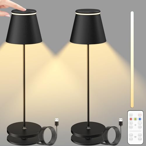 Onherm 2 Stück Tischlampe LED Kabellos Dimmbare mit Fernbedienung, Akku Tischleuchte Aufladbar Nachttischlampe Touch Lampe mit Timer, 3000K Warmweißes Licht, USB Ladestation, Indoor Outdoor, Schwarz
