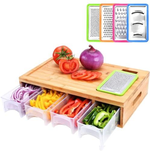 Large Bamboo Cutting Board with 4 Containers | Chopping Board with Juice Grooves | Easy-Grip Handles & Food Sliding Opening, Carving Board with Trays | Compact and Easy to Clean