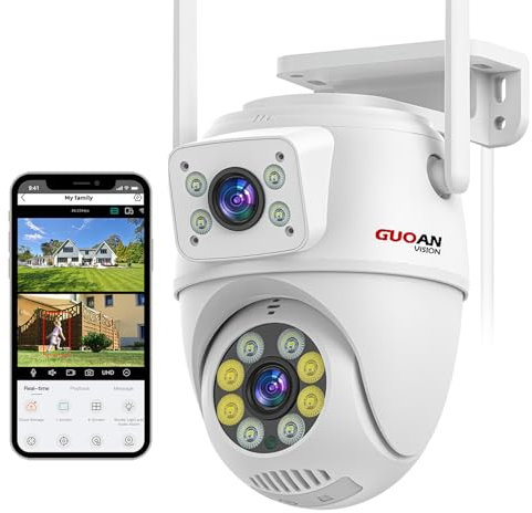 GUOANVISION Camera Surveillance WiFi Extérieur,6MP Lien à Double Lentille IP Caméra Exterieur, IP66 Étanche, Alerte instantanée, Vision Nocturne en Couleur, Audio Bidirectionnel,Carte TF/Cloud