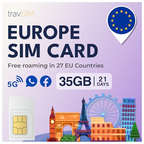 travSIM SIM Karte Europa | 35 GB Daten mit 4G/5G-Geschwindigkeiten | Nur Daten-SIM | Verwendung der Europa-SIM-Karte in 27 Ländern der EU | Plan auf der SIM-Karte für Europa gültig für 21 Tage