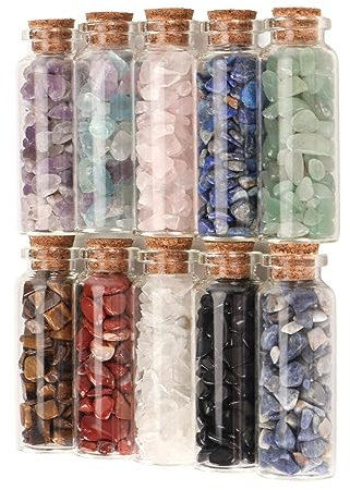Vomeko 10Pcs Crystals and Healing Stones Chakra Set Tumbled Healing Crystal Chips in Glass Bottles Witchcraft Supplies Mini Glass Bottles with Corks for Witchcraft Decoration