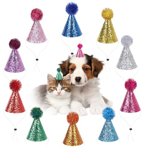 12 x Katzen-Geburtstagshüte, Mini-Glitzer-Party-Hüte für Spielzeugtiere, kleine Kegel, Hunde-Partyhut mit Bommeln, verstellbarem Band, Haustierhüte für Welpen, Kätzchen, Kaninchen, Kleintiere (kleine,
