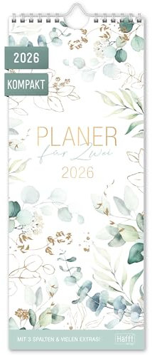 Häfft® Planer für Zwei Kompakt 2026 Paarkalender mit 3 Spalten Blattgold 13 x 32 cm - Wandkalender für 12 Monate: Jan bis Dez 2026, Paarplaner Wandplaner - nachhaltig & klimafreundlich