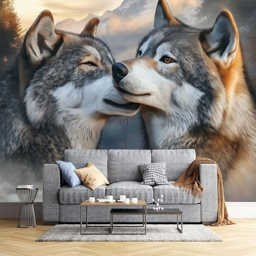 Grauer Wolf, Berg- Fototapete - Herbsttiere - Größe 260X175Cm (Breite X Höhe) Wandtapete Tapete, Wandbild Wandtattoo Dekoration - Tapete, Kinderzimmer, Kindertapete