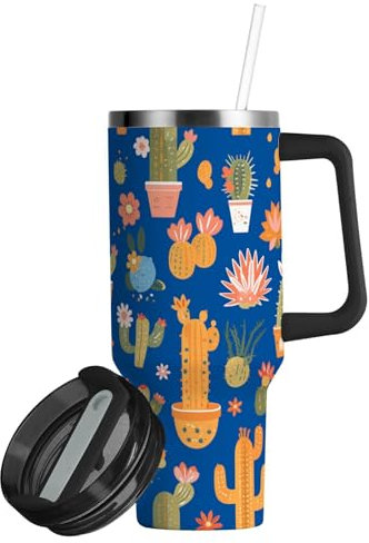 linqin Kaktus-Topf, vakuumisolierter Becher mit Strohhalm-Deckel, 850 ml, niedliche Wasserflasche, wiederverwendbar, extra großer Kaffeebecher für Schule, Kindertagesstätte, Camp