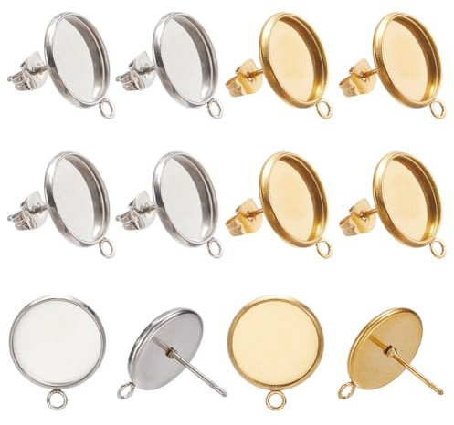 SUNNYCLUE 1 Box 40 Sets Blanke Ohrstecker Cabochon Ohrstecker 304 Ohrstecker Beschläge Aus Edelstahl Mit Schlaufe Und Ohrmuttern Goldene Blanke Lünettenschalen Für Schmuckherstellung Zubehör DIY Baste