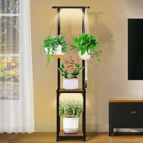 HENAYUK Hängender Pflanzenständer mit Wachstumslicht, 165cm blumenständer Metall Holz Pflanzenregal Blumenregal Pflanzenregal Indoor for Houseplants, Blumentreppe für Indoor Garten Balkon