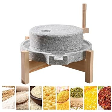 Stone Grain Mill 25 X 35 Cm Dry Wet Stone Mill Grinder for Grains, Spices Wheat Flour Powder Pulverizer with Wooden Frame, Hand Crank Bean Grinding Tool(22x35cm (8 5/8x13 3/4))