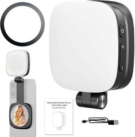 Phone Ring Light - Magnetic Phone Light for Video Recording | Foldable Gadget with Makeup Mirror, Adjustable Rechargeable Light for Laptop Tablet Photography