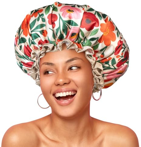 mikimini Bonnet de douche réutilisable et imperméable pour femme – Bonnet grande taille avec bande élastique réglable et imprimé floral coloré, bonnet pour cheveux longs et courts, moyen, 2 Pièces