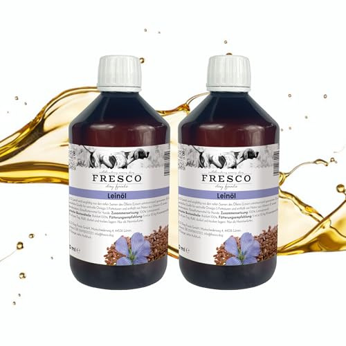 FRESCO Dog Leinöl Hunde 1 Liter | Kaltgepresstes Omega 3 Öl mit Vitamin E | Hochwertig, kaltgepresst mit Omega 3 & 6 | Leinsamenöl für Hunde | Vegan | Natives Barf Öl ohne Zusätze | Aus Deutschland
