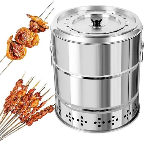 Tragbarer Grill Rauchfreier Holzkohlegrill aus Edelstahl mit Surround-Charge, Grillfass mit 28 Spießen, 360°-Rundum-Braten, multifunktional