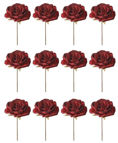 WeRChristmas Set of 12 Red Artificial Glitter Roses, 13 cm with 20 cm Stem