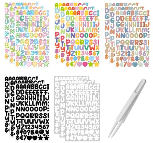 1350 Stück Selbstklebende Buchstaben Aufkleber mit Pinzette, 15 Blätter Vinyl Buchstaben Zahlen Kit, Bunte Klebebuchstaben Aufkleber Wetterfest Alphabet Nummern Sticker für DIY Scrapbooking Grußkarte