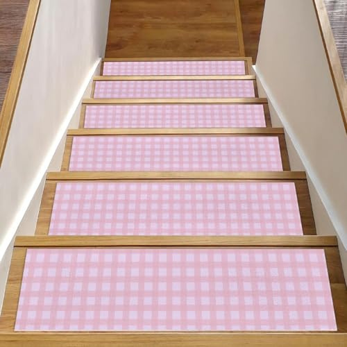 RODAILYCAY Alfombra para peldaños de escalera con patrón de cuadros rosados, paquete de 15 unidades, 8 x 30 pulgadas, antideslizante, alfombra de seguridad autoadhesiva para interiores para niños
