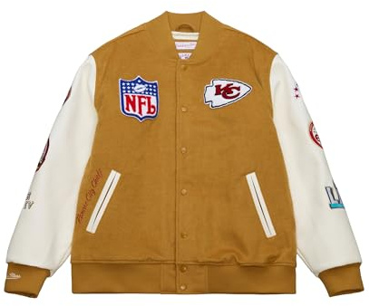 Mitchell & Ness NFL Dusted Collection Varsity College - Giacca con bottoni, primavera, autunno, inverno, retrò, stile americano, look retrò, Marrone ocra, Kansas City Chiefs, L