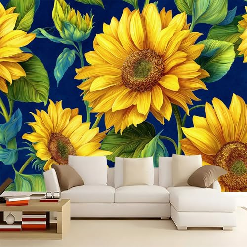 Giallo Carta da parati murale, Acquerello Fiori Girasole Carta da parati per soggiorno camera da letto, murale decorativa non tessuto per sala da pranzo corridoio 300 x 210 cm