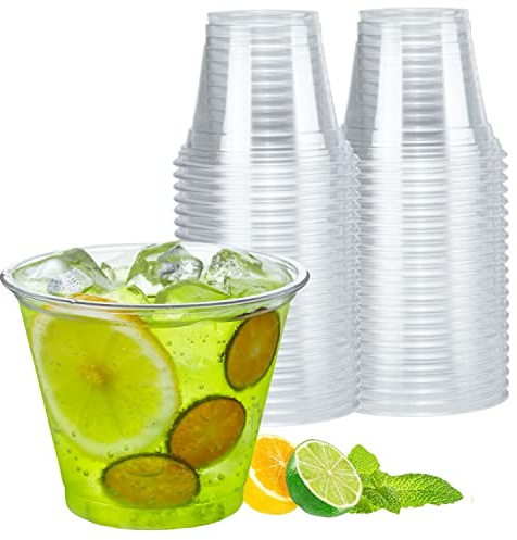 Artsotroly 50 Pack 9 oz Clear Plastic Cups, 9oz Clear Punch Cups Wine Glasses, Sturdy Recylable Small Drinking Cup for Wedding Party, Cocktail Cup, Plastic Tumblers for Cold Drinks