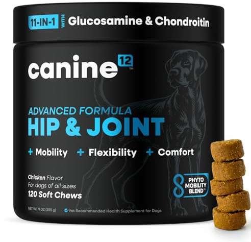 Canine12 Dog Hip and Joint Supplement with Glucosamine, Chondroitin, MSM, Omega 3s, Green Lipped Mussel – Premium Dog Joint Chews w/Human-Grade & Natural Ingredients, 120 Count