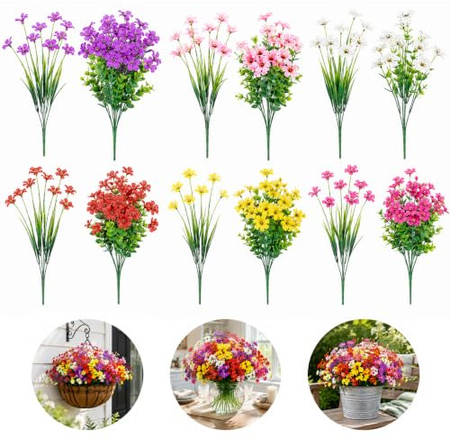 Wosyoodo 12 Stück 6 Farben Kunstblumen wie Echt, Künstliche Blumen für Draußen UV-beständig, 2 Sorten je Farbe, Kunstblumen Balkon wetterfest für Innen & Außen