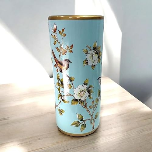 MAISONICA Ceramic Umbrella Stand Stick Holder 44cm Tall Round Green Blue Gold Birds Flowers